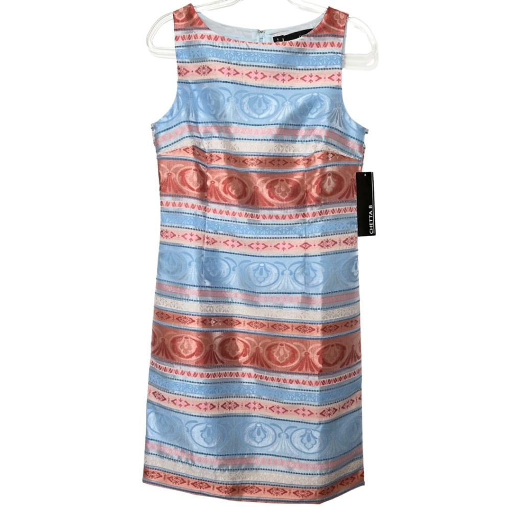 Chetta B Women’s Dress Size 6 Sleeveless Coral and Blue Lined Sheath Dress NEW